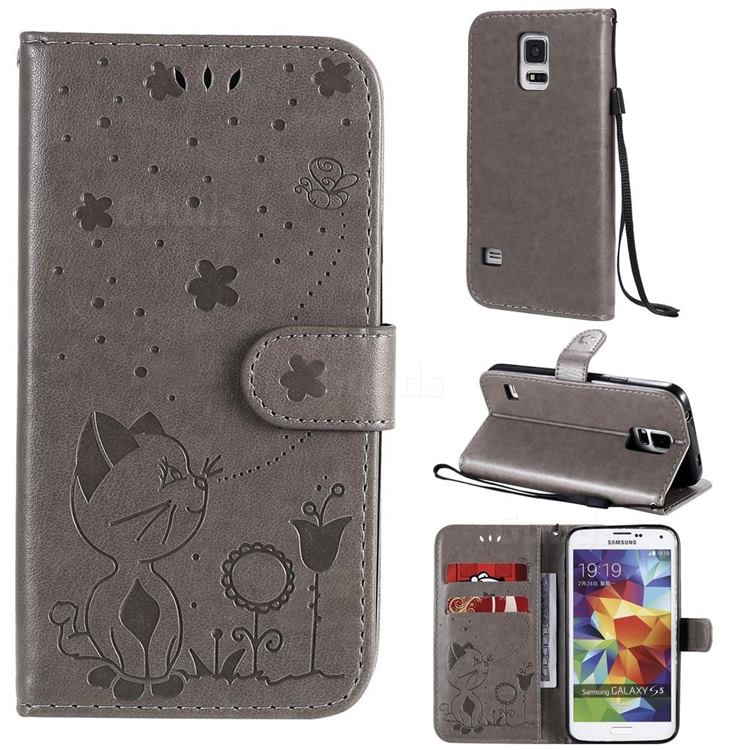 Embossing Bee and Cat Leather Wallet Case for Samsung Galaxy S5 G900 - Gray