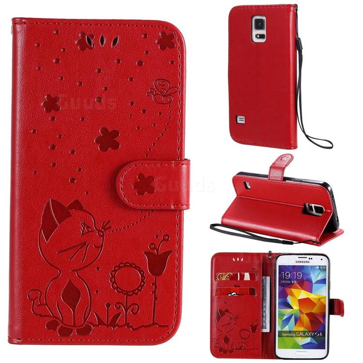 Embossing Bee and Cat Leather Wallet Case for Samsung Galaxy S5 G900 - Red