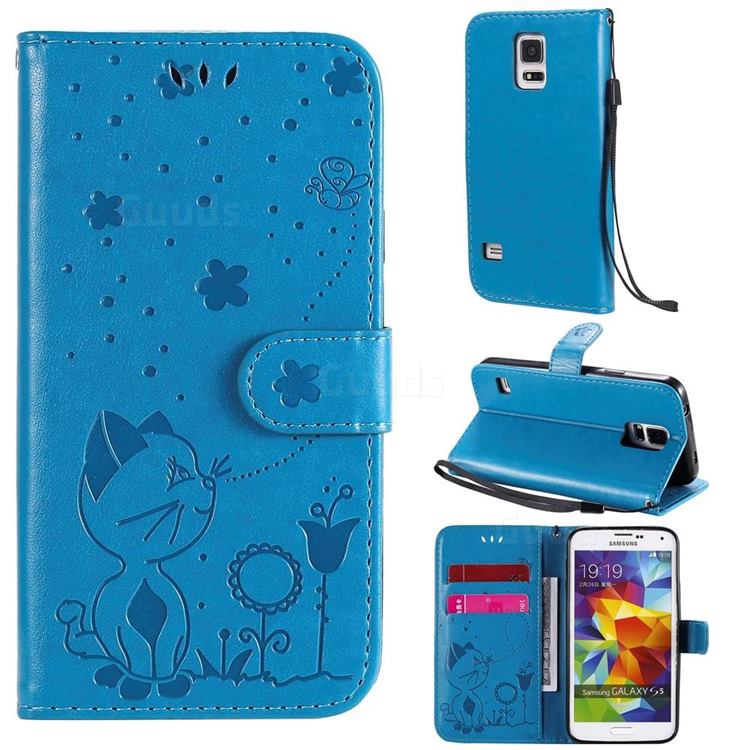 Embossing Bee and Cat Leather Wallet Case for Samsung Galaxy S5 G900 - Blue