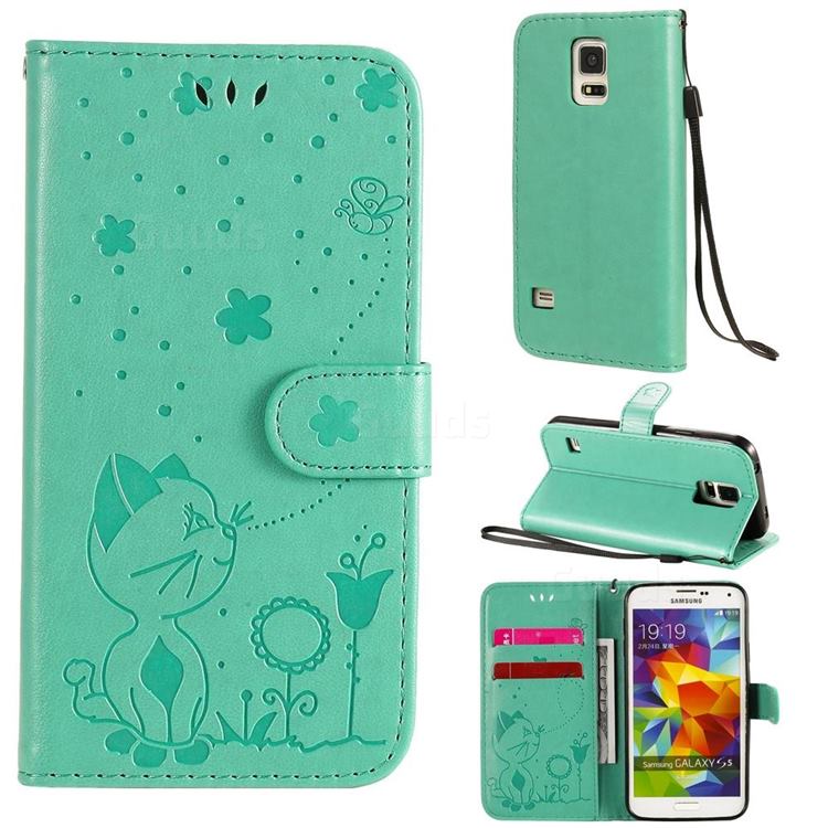 Embossing Bee and Cat Leather Wallet Case for Samsung Galaxy S5 G900 - Green