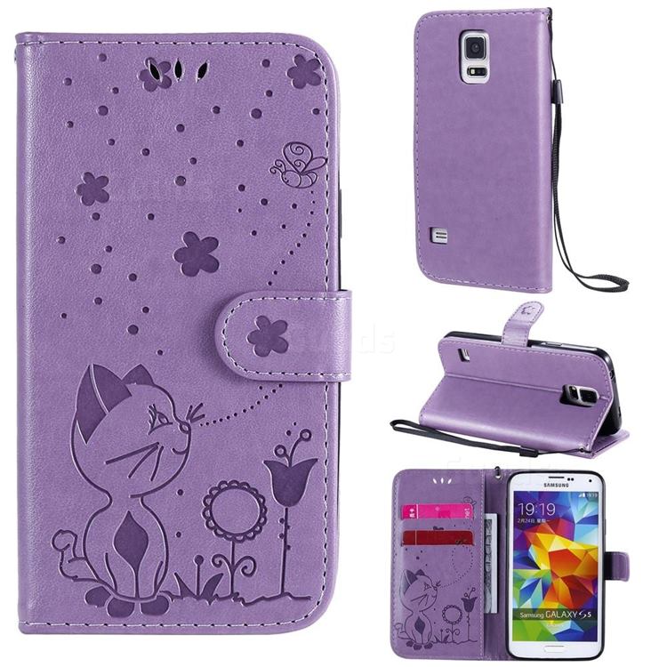Embossing Bee and Cat Leather Wallet Case for Samsung Galaxy S5 G900 - Purple