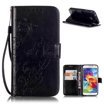 Embossing Butterfly Flower Leather Wallet Case for Samsung Galaxy S5 Mini - Black