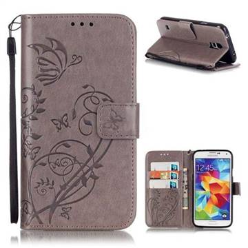 Embossing Butterfly Flower Leather Wallet Case for Samsung Galaxy S5 Mini - Grey