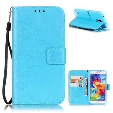 Embossing Butterfly Flower Leather Wallet Case for Samsung Galaxy S5 Mini - Blue