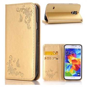 Intricate Embossing Slim Butterfly Rose Leather Holster Case for Samsung Galaxy S5 Mini G800 - Golden