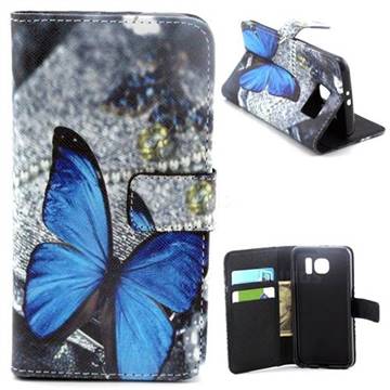 Big Blue Butterfly Leather Wallet Case for Samsung Galaxy S6 G920 G9200