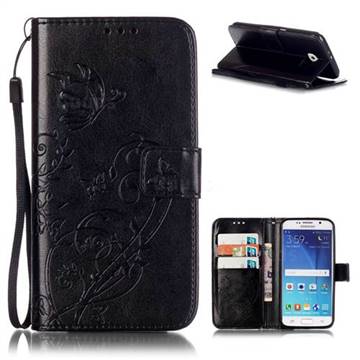 Embossing Butterfly Flower Leather Wallet Case for Samsung Galaxy S6 - Black