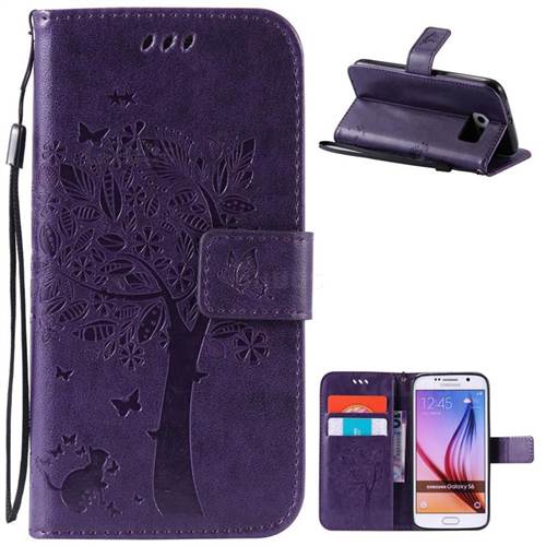 Embossing Butterfly Tree Leather Wallet Case for Samsung Galaxy S6 - Purple