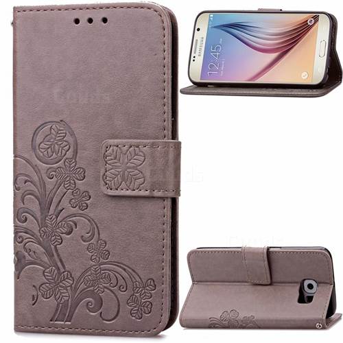 Embossing Imprint Four-Leaf Clover Leather Wallet Case for Samsung Galaxy S6 - Gray