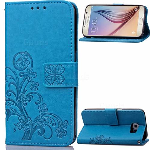 Embossing Imprint Four-Leaf Clover Leather Wallet Case for Samsung Galaxy S6 - Blue