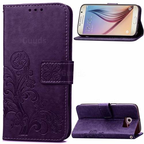 Embossing Imprint Four-Leaf Clover Leather Wallet Case for Samsung Galaxy S6 - Purple