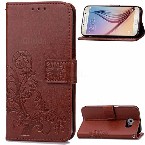 Embossing Imprint Four-Leaf Clover Leather Wallet Case for Samsung Galaxy S6 - Brown