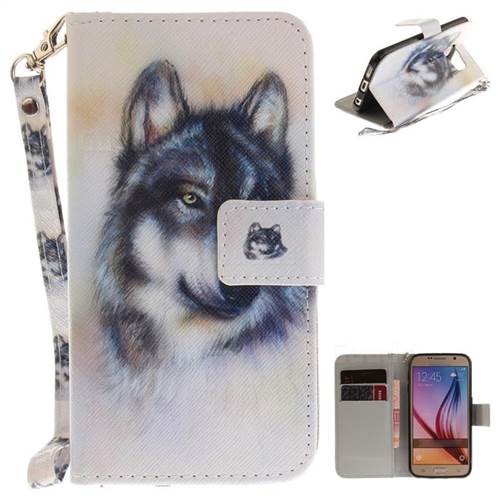 Snow Wolf Hand Strap Leather Wallet Case for Samsung Galaxy S6 G920