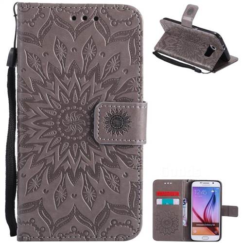 Embossing Sunflower Leather Wallet Case for Samsung Galaxy S6 G920 - Gray