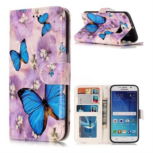 Purple Flowers Butterfly 3D Relief Oil PU Leather Wallet Case for Samsung Galaxy S6 G920