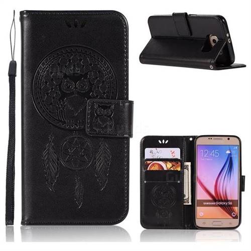 Intricate Embossing Owl Campanula Leather Wallet Case for Samsung Galaxy S6 G920 - Black