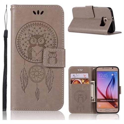 Intricate Embossing Owl Campanula Leather Wallet Case for Samsung Galaxy S6 G920 - Grey