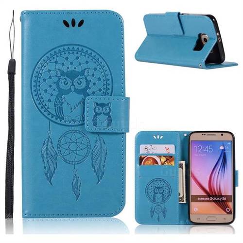 Intricate Embossing Owl Campanula Leather Wallet Case for Samsung Galaxy S6 G920 - Blue