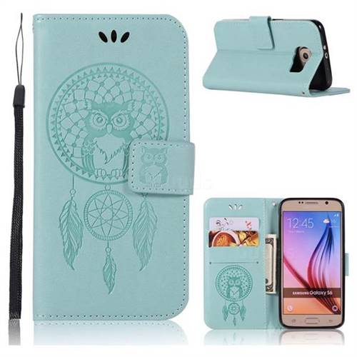 Intricate Embossing Owl Campanula Leather Wallet Case for Samsung Galaxy S6 G920 - Green