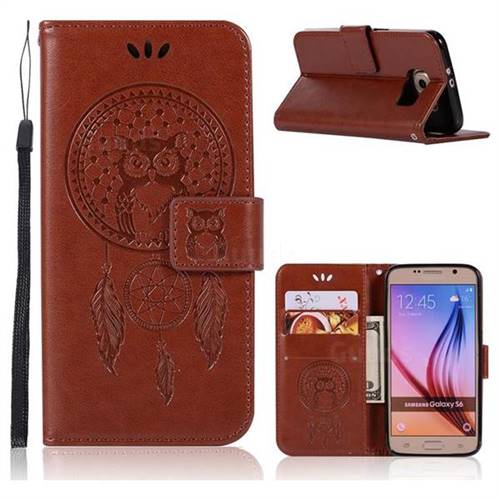 Intricate Embossing Owl Campanula Leather Wallet Case for Samsung Galaxy S6 G920 - Brown