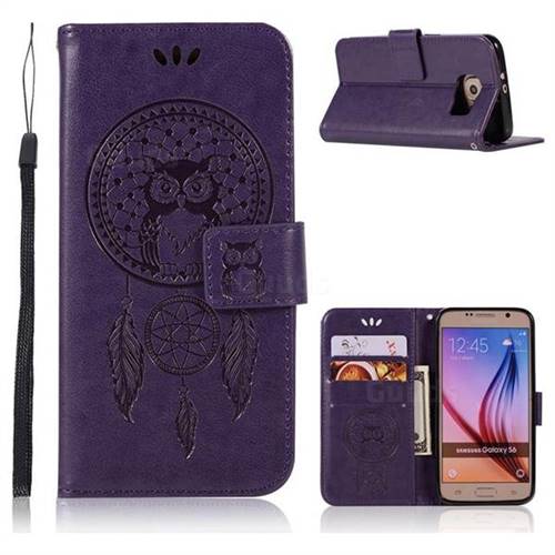Intricate Embossing Owl Campanula Leather Wallet Case for Samsung Galaxy S6 G920 - Purple
