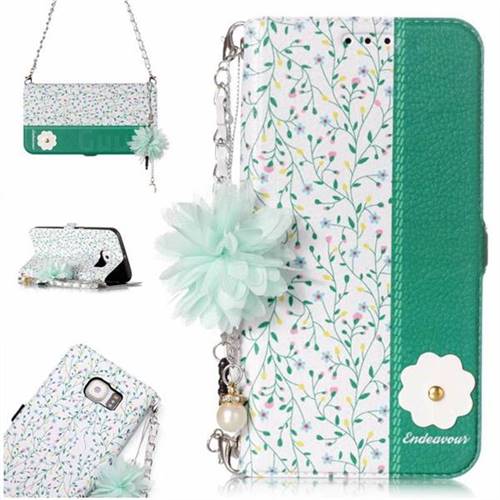 Magnolia Endeavour Florid Pearl Flower Pendant Metal Strap PU Leather Wallet Case for Samsung Galaxy S6 G920