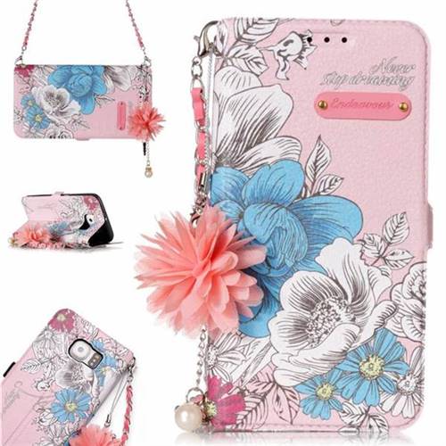 Pink Blue Rose Endeavour Florid Pearl Flower Pendant Metal Strap PU Leather Wallet Case for Samsung Galaxy S6 G920