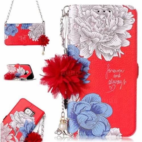 Red Chrysanthemum Endeavour Florid Pearl Flower Pendant Metal Strap PU Leather Wallet Case for Samsung Galaxy S6 G920