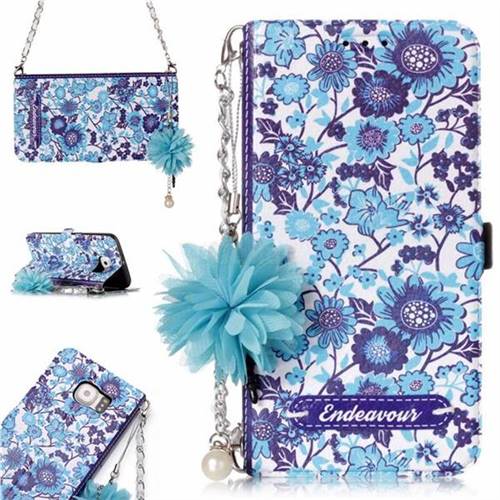 Blue-and-White Endeavour Florid Pearl Flower Pendant Metal Strap PU Leather Wallet Case for Samsung Galaxy S6 G920