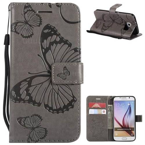 Embossing 3D Butterfly Leather Wallet Case for Samsung Galaxy S6 G920 - Gray
