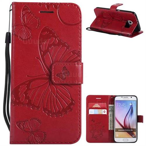 Embossing 3D Butterfly Leather Wallet Case for Samsung Galaxy S6 G920 - Red