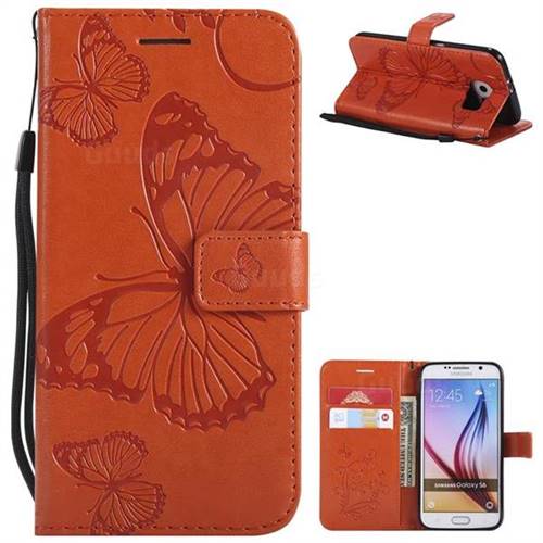 Embossing 3D Butterfly Leather Wallet Case for Samsung Galaxy S6 G920 - Orange