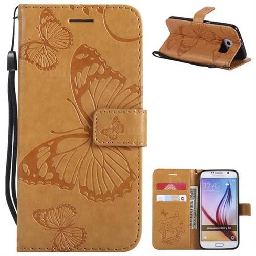 Embossing 3D Butterfly Leather Wallet Case for Samsung Galaxy S6 G920 - Yellow