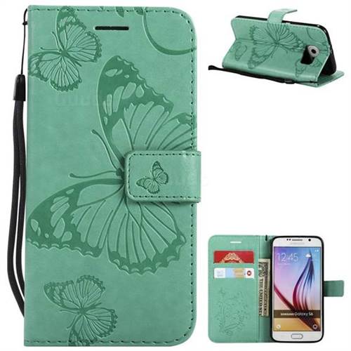Embossing 3D Butterfly Leather Wallet Case for Samsung Galaxy S6 G920 - Green