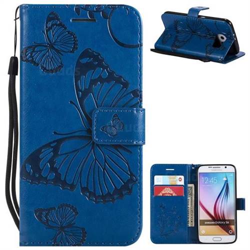 Embossing 3D Butterfly Leather Wallet Case for Samsung Galaxy S6 G920 - Blue