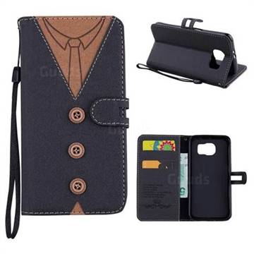 Mens Button Clothing Style Leather Wallet Phone Case for Samsung Galaxy S6 G920 - Black