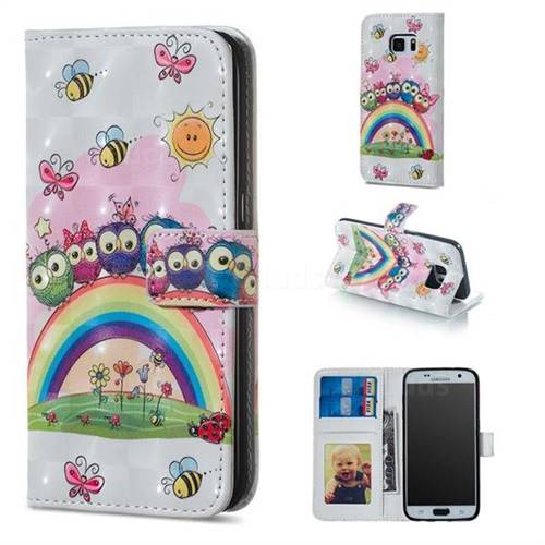 Rainbow Owl Family 3D Painted Leather Phone Wallet Case for Samsung Galaxy S6 G920