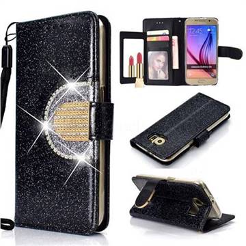 Glitter Diamond Buckle Splice Mirror Leather Wallet Phone Case for Samsung Galaxy S6 G920 - Black