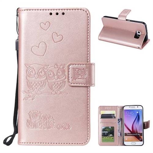 Embossing Owl Couple Flower Leather Wallet Case for Samsung Galaxy S6 G920 - Rose Gold