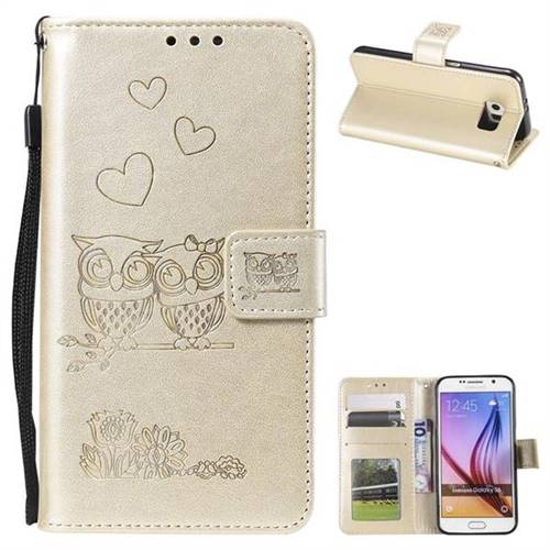 Embossing Owl Couple Flower Leather Wallet Case for Samsung Galaxy S6 G920 - Golden