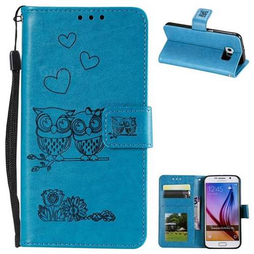 Embossing Owl Couple Flower Leather Wallet Case for Samsung Galaxy S6 G920 - Blue