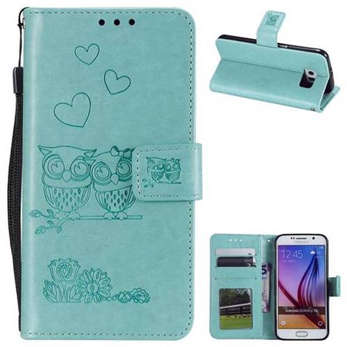 Embossing Owl Couple Flower Leather Wallet Case for Samsung Galaxy S6 G920 - Green