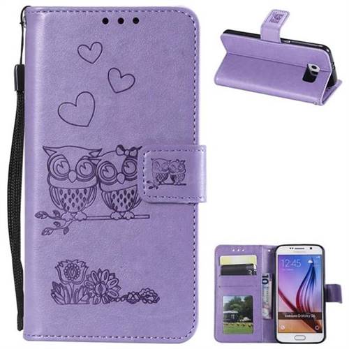 Embossing Owl Couple Flower Leather Wallet Case for Samsung Galaxy S6 G920 - Purple