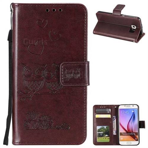 Embossing Owl Couple Flower Leather Wallet Case for Samsung Galaxy S6 G920 - Brown