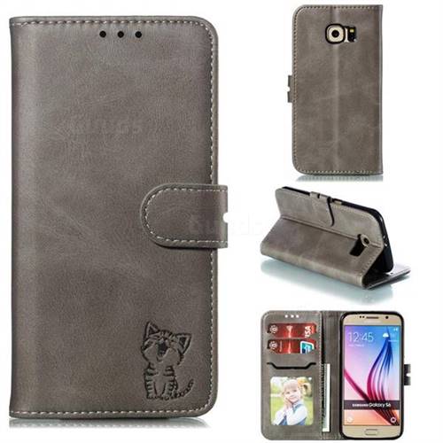 Embossing Happy Cat Leather Wallet Case for Samsung Galaxy S6 G920 - Gray
