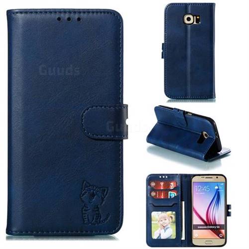 Embossing Happy Cat Leather Wallet Case for Samsung Galaxy S6 G920 - Blue