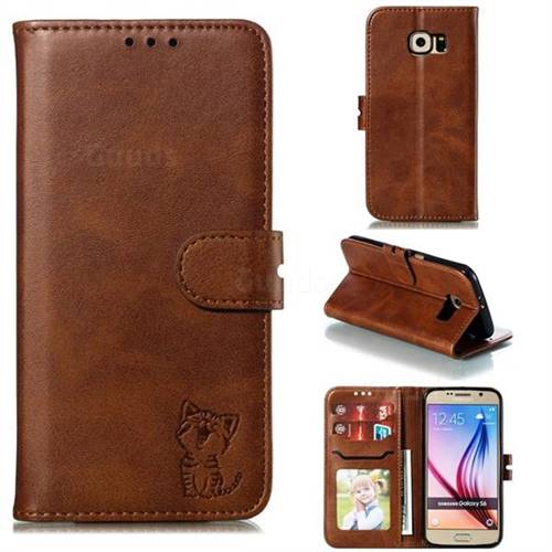 Embossing Happy Cat Leather Wallet Case for Samsung Galaxy S6 G920 - Brown