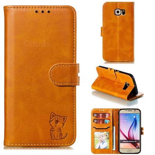 Embossing Happy Cat Leather Wallet Case for Samsung Galaxy S6 G920 - Yellow