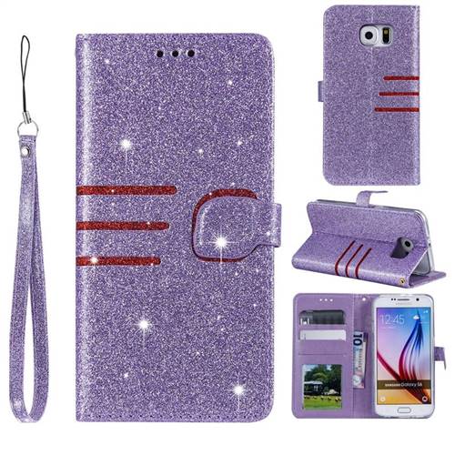 Retro Stitching Glitter Leather Wallet Phone Case for Samsung Galaxy S6 G920 - Purple