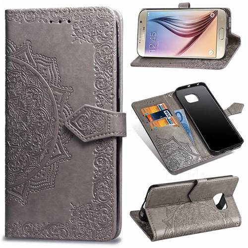 Embossing Imprint Mandala Flower Leather Wallet Case for Samsung Galaxy S6 G920 - Gray